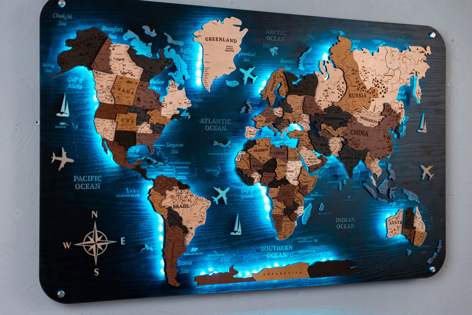 3D Wooden World Map Backlit Multicolor LED