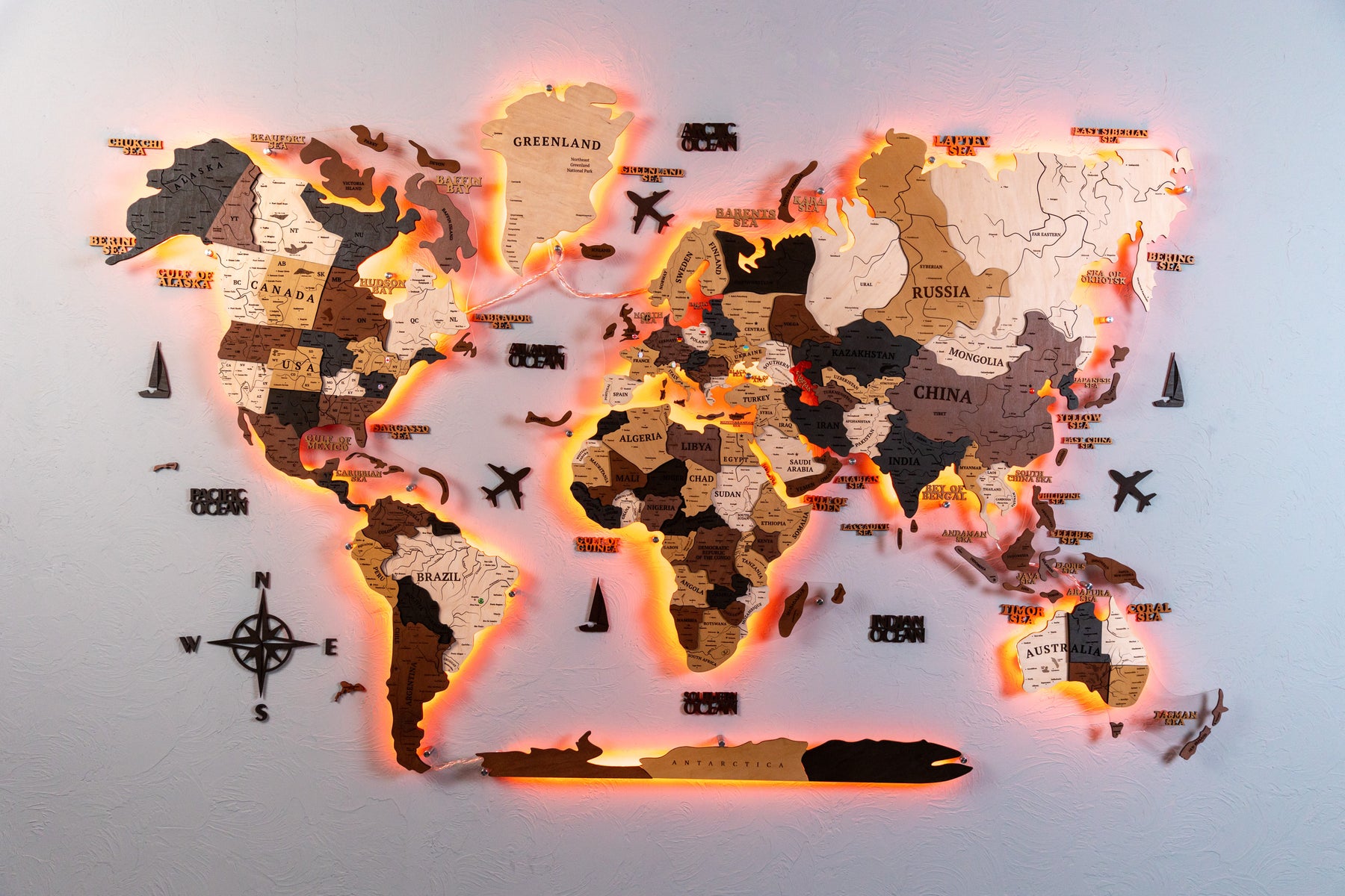 3D Wooden World Map Light