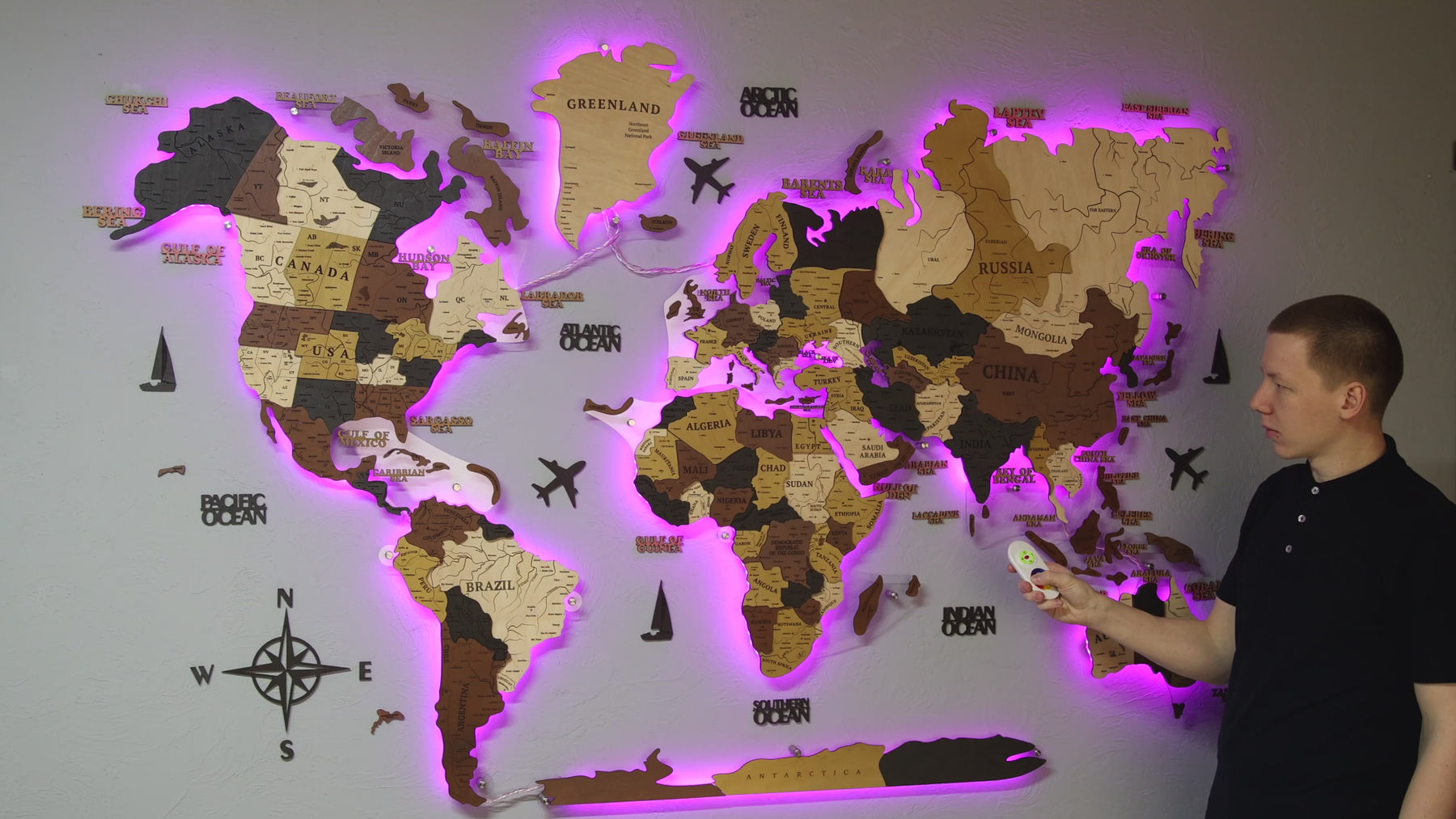 3D Wooden World Map Backlit Super Multicolor LED