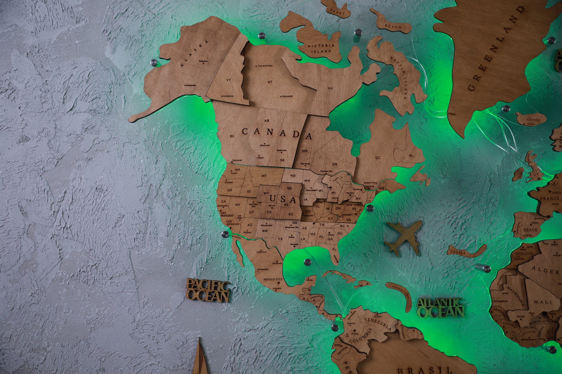 3D Wooden World Map Backlit Multicolor LED